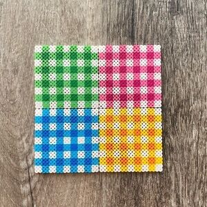 Plaid coasters handmade perler beads pink green blue yellow